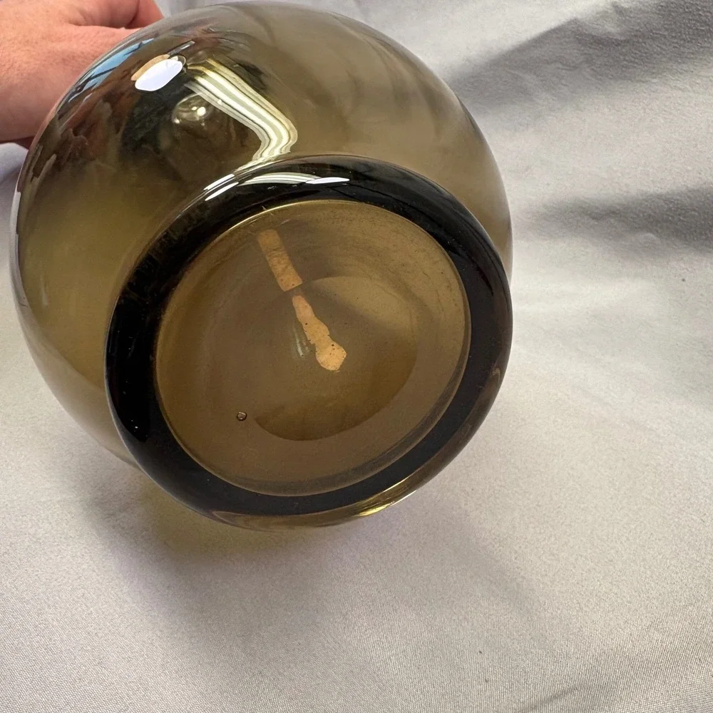 Vintage MCM Smoky Brown Glass Decanter with Clear Flame Stopper Teardrop‎ Bottle